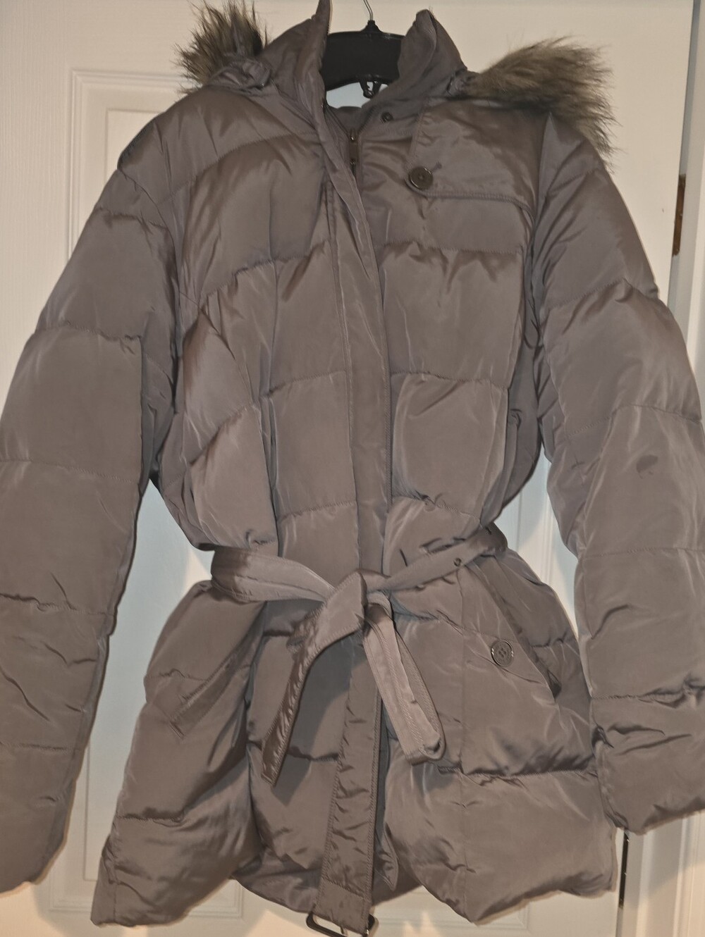 Lands' End Taupe Belted Puffer Coat with Faux Fur Hood